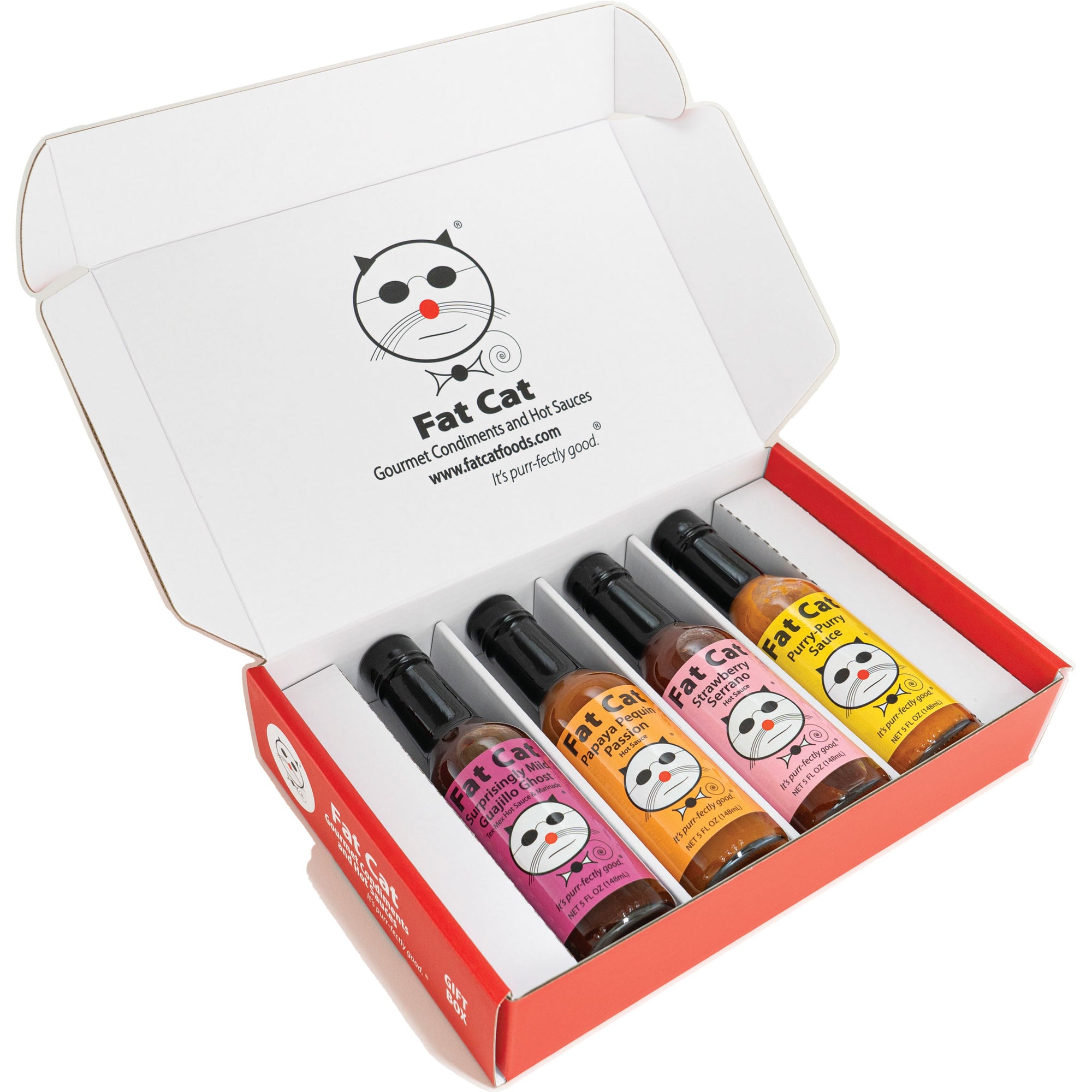 Mild Heat Four Bottle Hot Sauce Gift Box - Fat Cat Gourmet Hot Sauce & Specialty Condiments